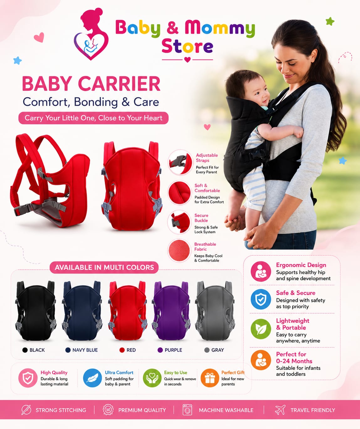 Baby Carrier Bag for Infants Multi Color Adjustable Soft Baby Carrier for Newborns and Toddlers Pakistan