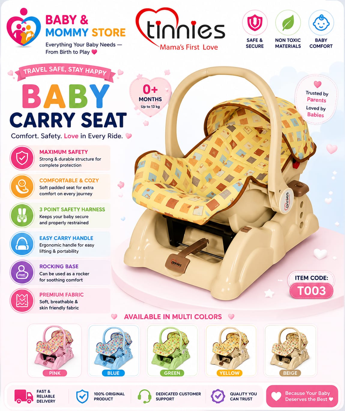 Baby Carry Cot with Sun Canopy Mosquito Net Double Soft Padding Head Cushion for Newborn Pakistan