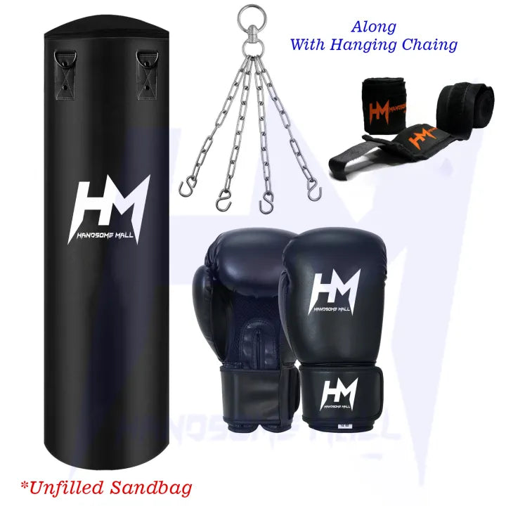 Boxing bag set with gloves hand wraps and chain hanging punching bag 3ft 4ft for fitness training