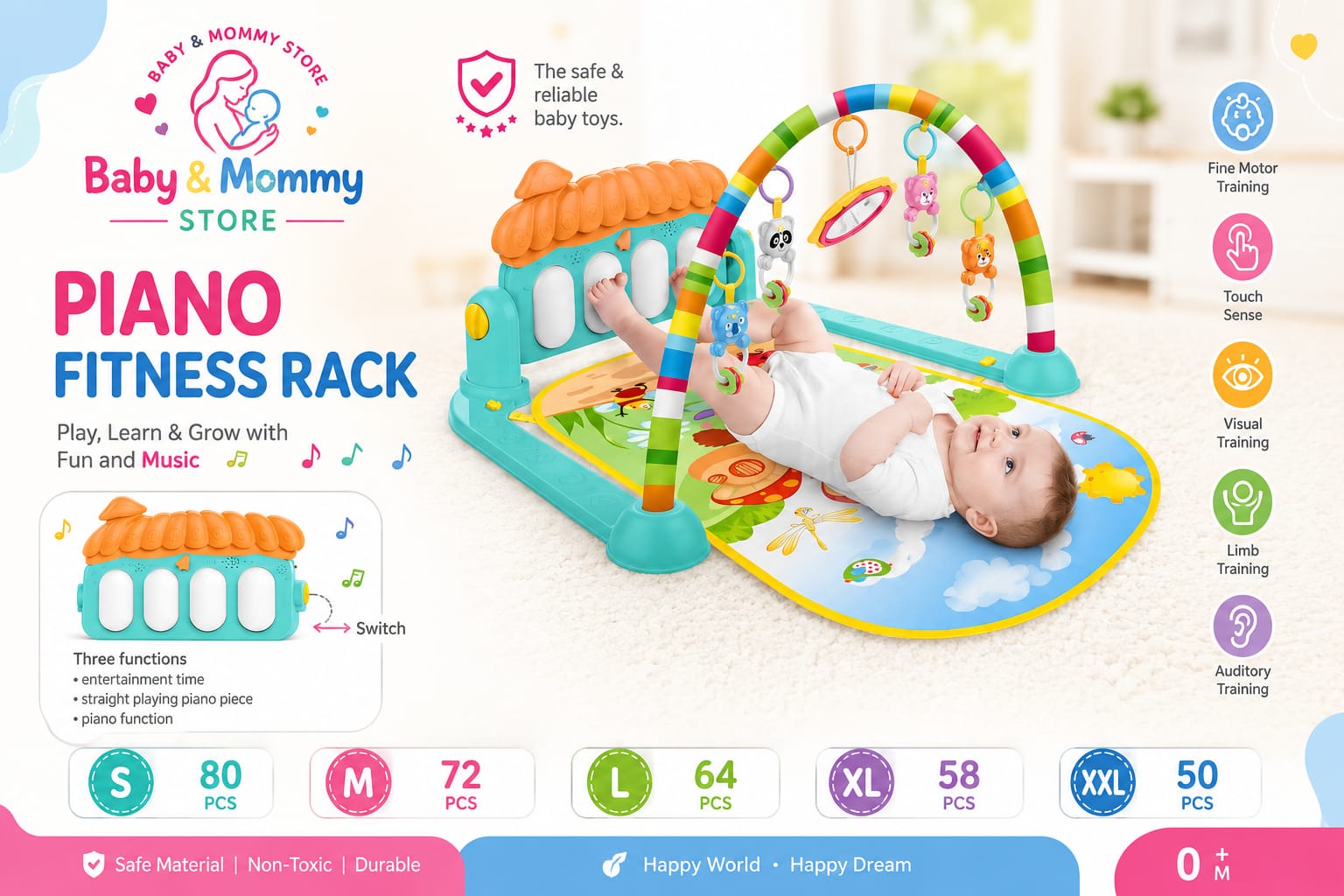 Huanger 3 in 1 Baby Activity Play Gym Piano Fitness Rack Mat with Musical Piano and Hanging Toys for Newborns Pakistan