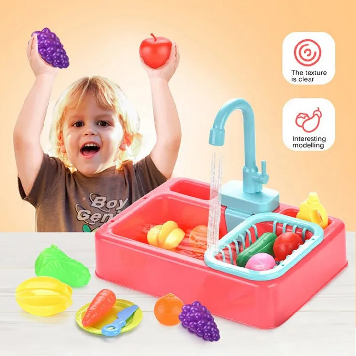Kids kitchen sink toy with electric running water and dishwashing accessories for pretend play