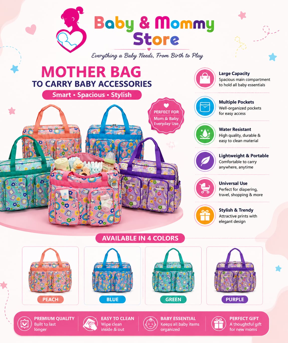 Large Capacity Baby Diaper Bag Multi Pocket Waterproof Cartoon Printed Maternity Travel Organizer Pakistan
