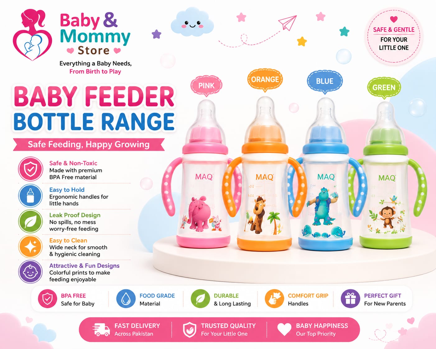 MAQ Imported BPA Free Baby Feeding Bottle Available in 60ml to 330ml with Soft Silicone Nipple