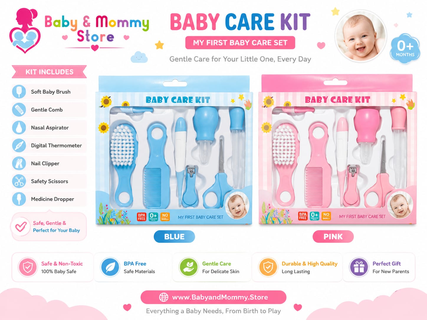 Multi Piece Baby Care Kit with Hair Brush Comb Nail Clippers Thermometer and Grooming Accessories for Newborn Babies Pakistan