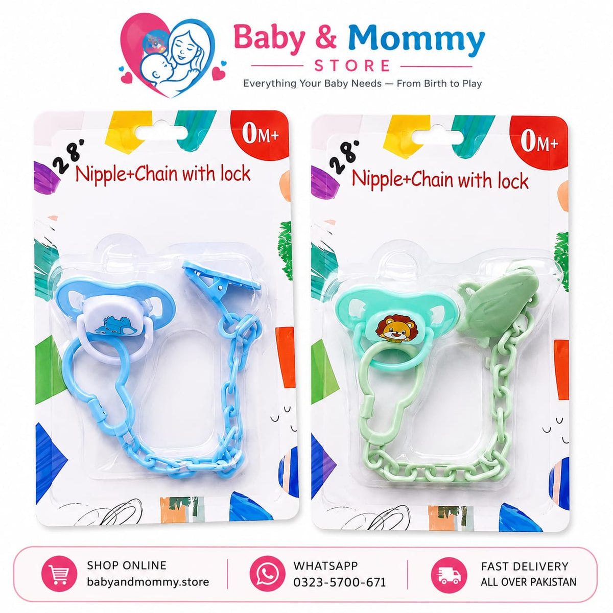 Multi color baby pacifier with chain clip attached for newborn babies safe soother accessory