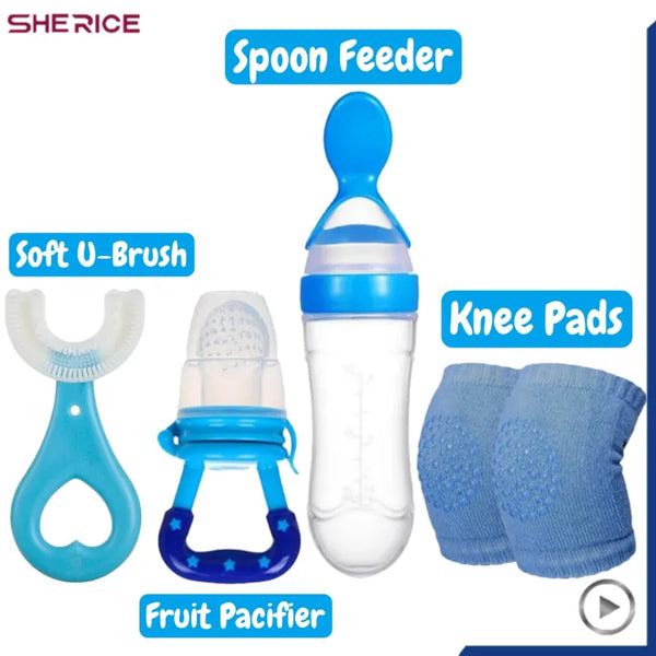 Pack of 4 | Baby Silicone Spoon Feeder + Fruit Pacifier + Knee Pads + U Shape Brush