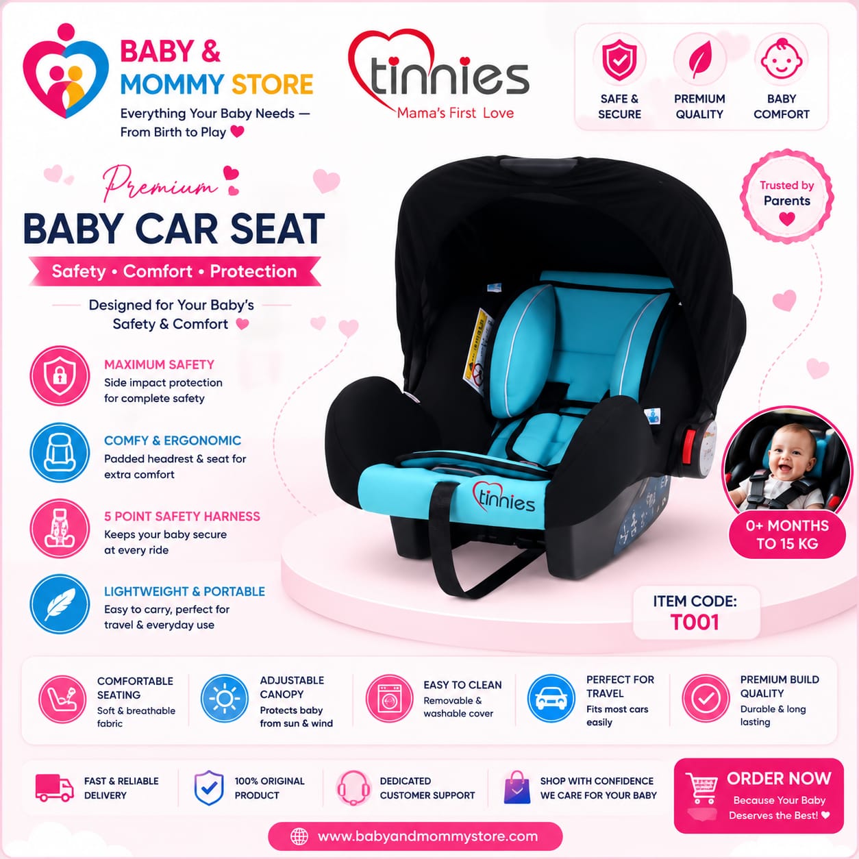 Tinnies Baby Carry Cot Soft Portable Newborn Carry Bed with Comfortable Padding Pakistan