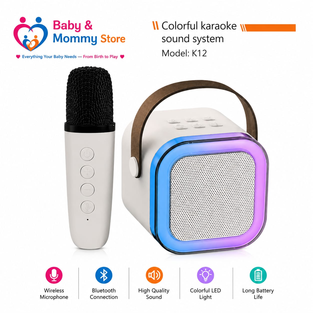 K12 Wireless Bluetooth Karaoke Speaker with Wireless Microphone LED Lights Rechargeable Portable Karaoke Machine Baby & Mommy Store Pakistan